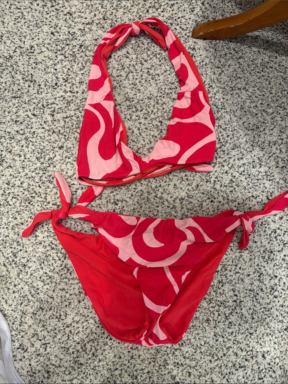 Red & Pink Halter Tie-Side Bikini — Women Swim